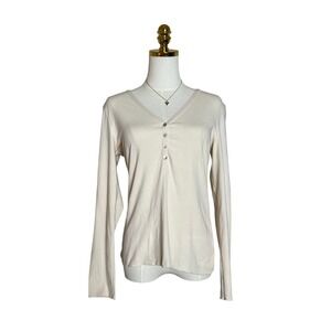 Alfani Womens Supima Cotton Blend Henley V-Neck Long Sleeve Top Cream Size M